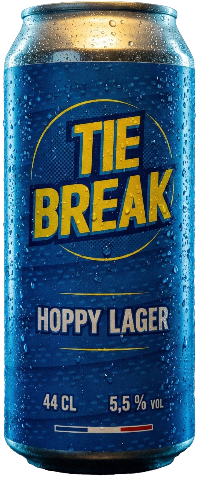 Canette Tie Break 44cl couverte de gouttes d'eau perlées
